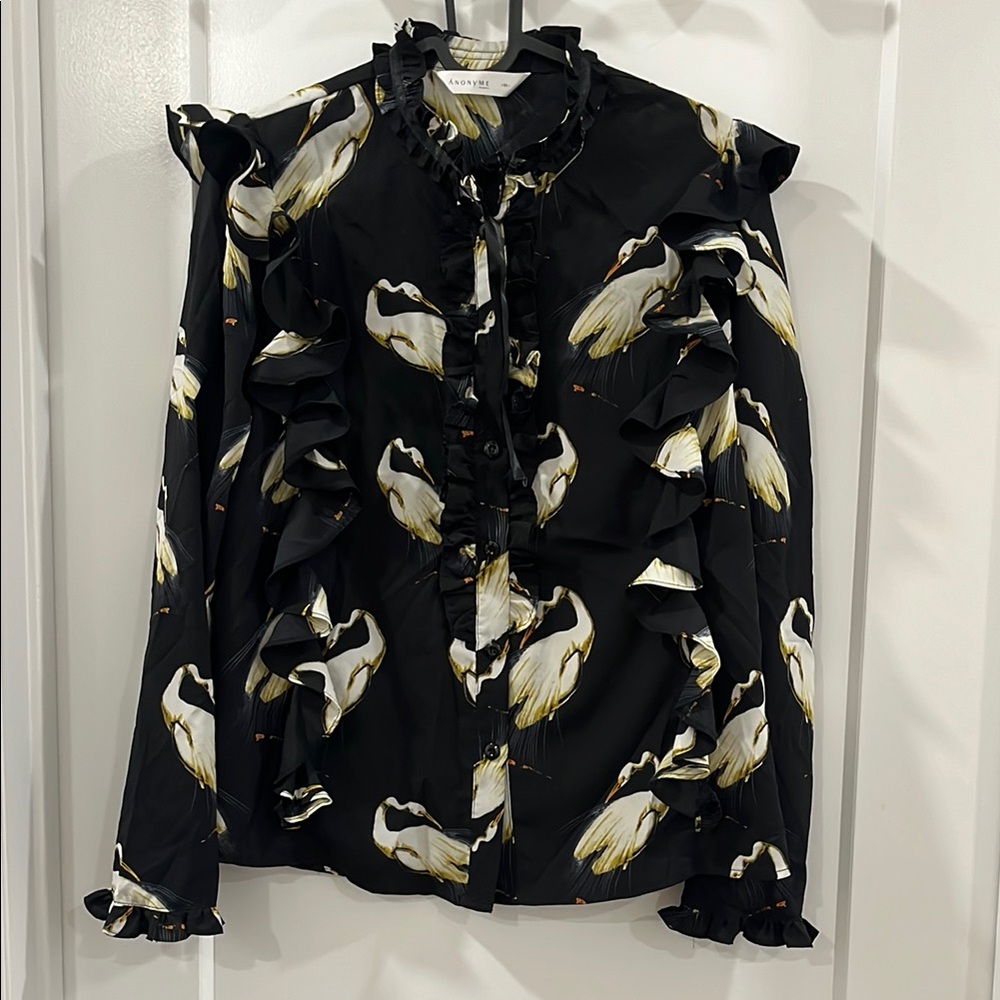 Black Mock Neck Ruffled Blouse